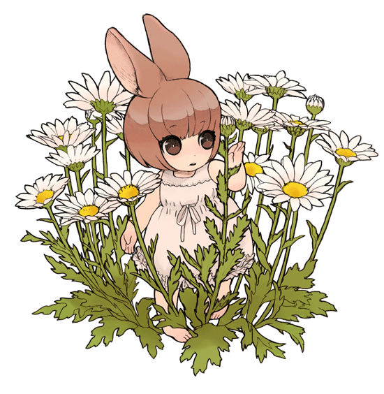 barefoot, brown_eyes, brown_hair, bunny_ears, flower, original, personification, rabbit_ears