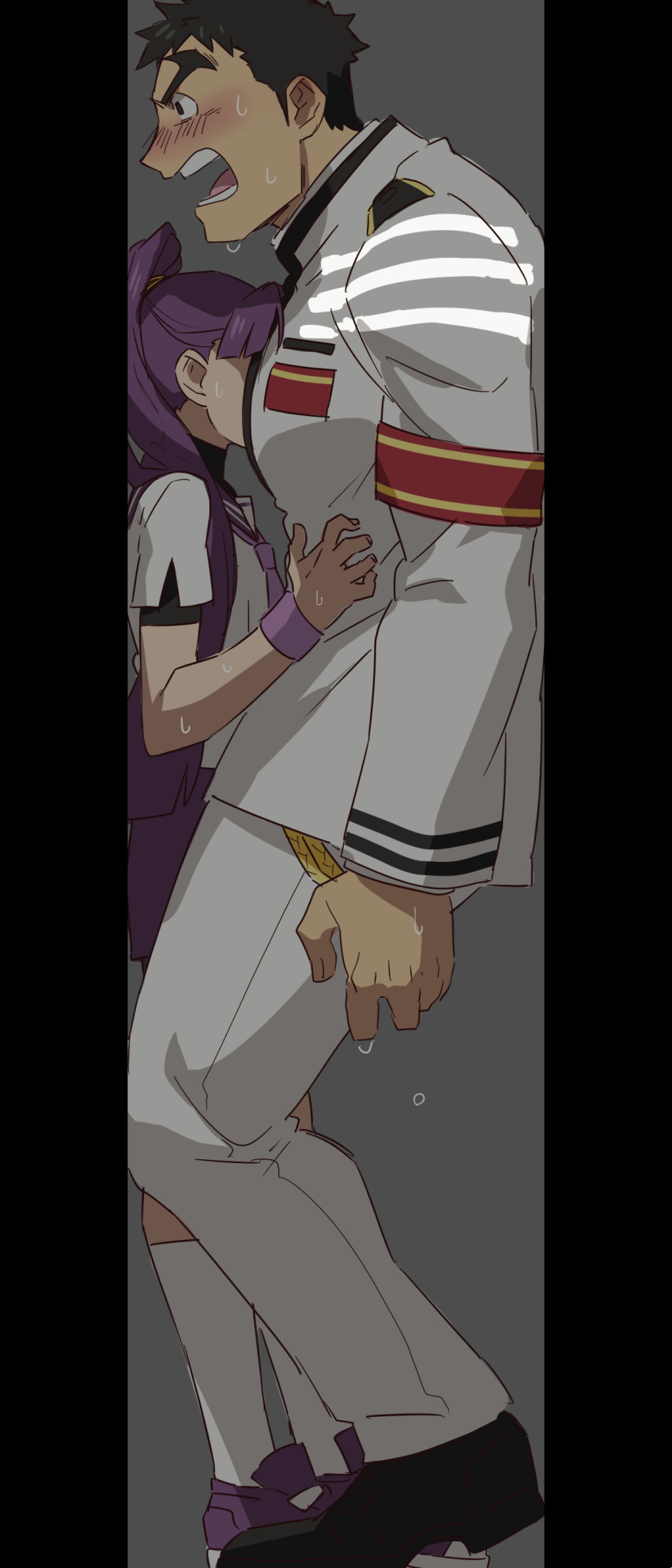 1boy, 1girl, absurdres, arm_support, armband, black_hair, blush, cramped, gakuran, height_difference, highres, locker, long_hair, onizuka_momoko, original, pectorals, purple_hair, re:ar, ryanpei, school_uniform, serafuku, sweat, tonogawachi_tatsuomi