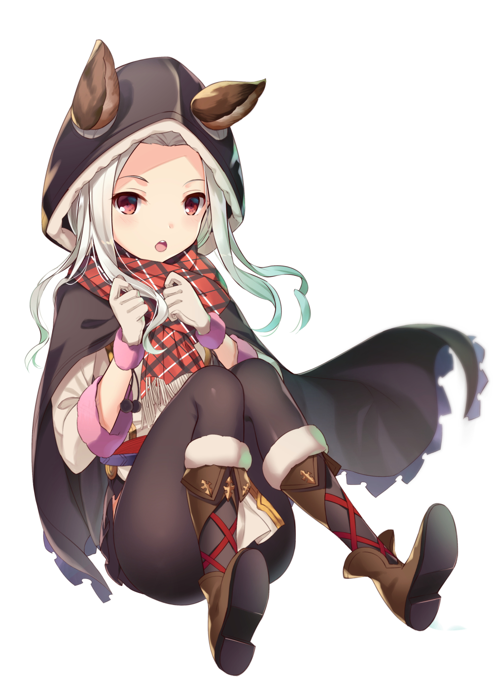 1girl, akanebi, animal_ears, beige_gloves, beige_shirt, black_cloak, black_legwear, black_skirt