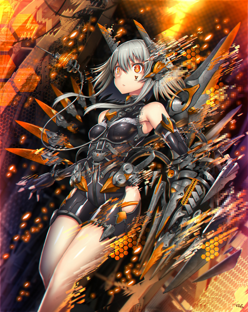 1girl, animal_ears, armored_collar, armpits, bare_legs, bare_shoulders, black_bodysuit, black_gloves