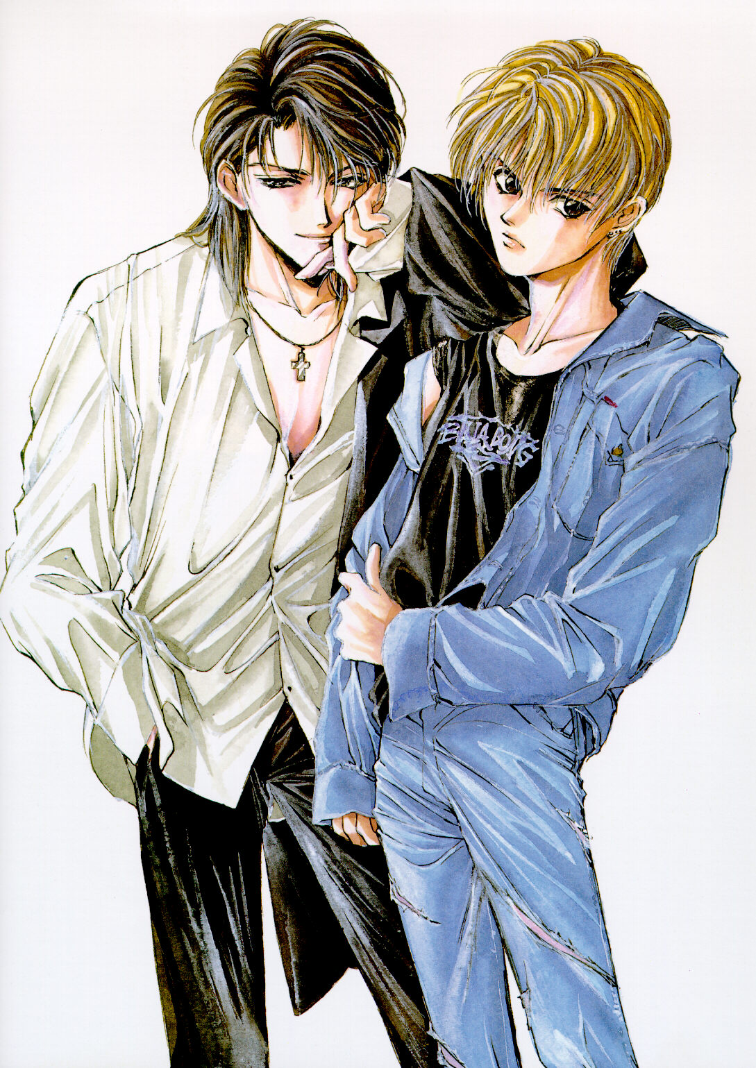 2boys, angel_sanctuary, blonde_hair, brown_hair, cross, cross_necklace, denim, dress_shirt