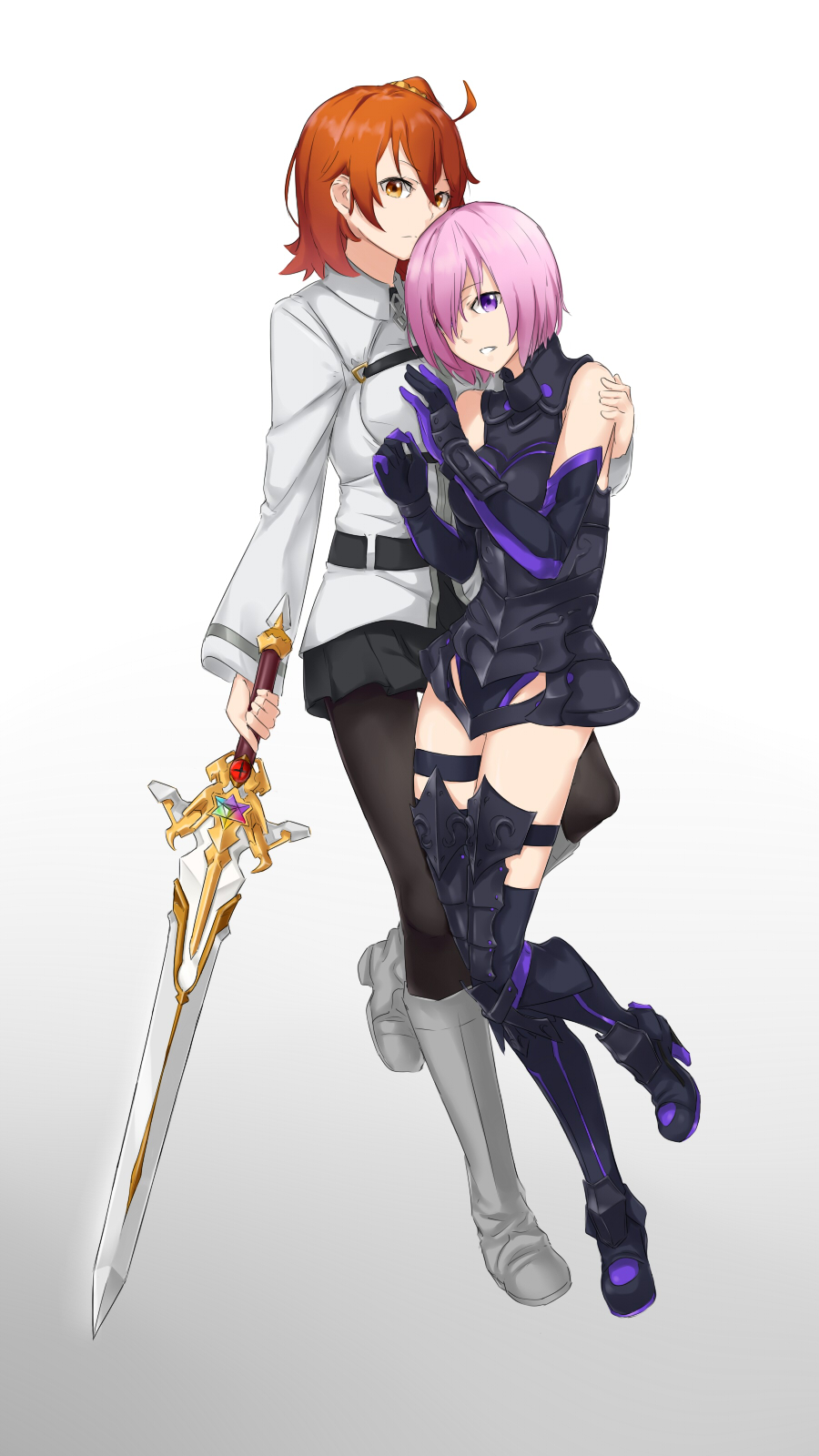 2girls, armor, armored_leotard, black_legwear, black_leotard, black_skirt, boots, brown_eyes