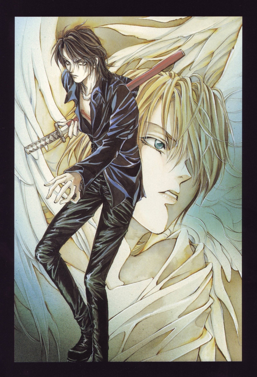 2boys, angel, angel_sanctuary, black_clothes, blonde_hair, brown_hair, highres, katana