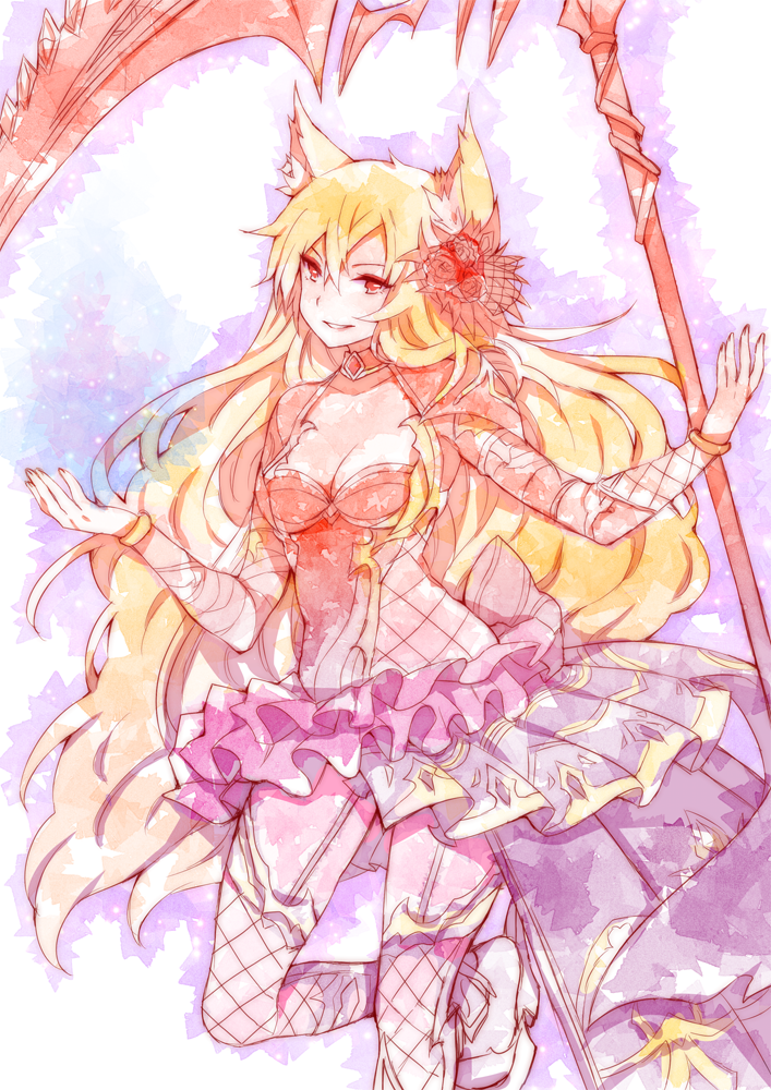 1girl, animal_ears, bangs, blonde_hair, boots, breasts, cleavage, cleavage_cutout