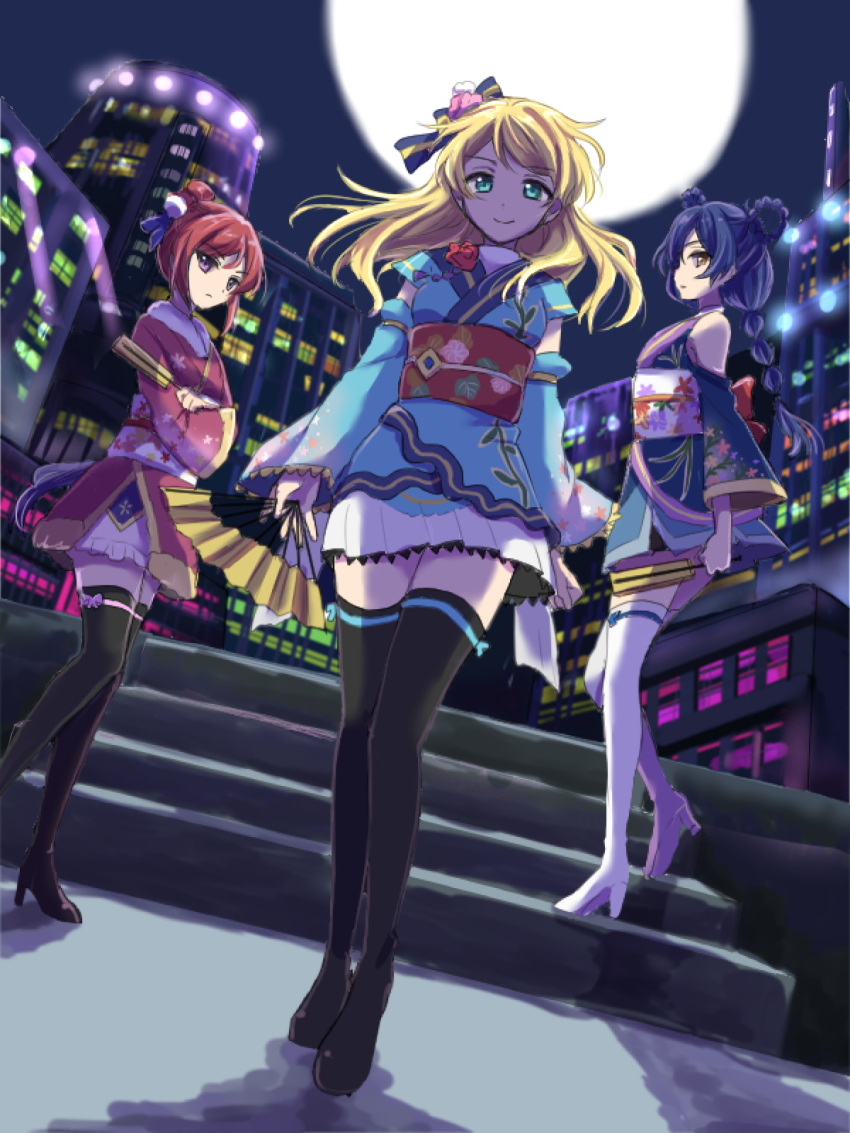3girls, angelic_angel, ayase_eli, black_footwear, blonde_hair, blue_hair, boots, braid, brown_eyes, crossed_arms, double_bun, fan, floating_hair, from_below, full_body, full_moon, green_eyes, hair_ornament, high_heel_boots, high_heels, highres, holding, holding_fan, japanese_clothes, kimono, long_hair, looking_at_viewer, love_live!, love_live!_school_idol_project, miniskirt, moon, multiple_girls, night, nishikino_maki, obi, outdoors, parted_lips, pleated_skirt, red_flower, redhead, sash, short_hair, short_kimono, sidelocks, single_braid, sketch, skirt, smile, sonoda_umi, stairs, standing, thigh-highs, thigh_boots, white_footwear, white_skirt