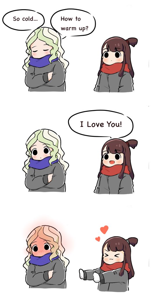 >_<, 2girls, 3koma, :3, :d, black_eyes, blonde_hair, blue_scarf, blush, brown_hair, closed_eyes, closed_mouth, comic, crossed_arms, diana_cavendish, embarrassed, english, full-face_blush, gloves, grey_jacket, heart, incoming_hug, jacket, kagari_atsuko, little_witch_academia, long_hair, long_sleeves, mabel, multiple_girls, open_mouth, ponytail, red_scarf, rey_2911, scarf, simple_background, smile, speech_bubble, upper_body, v-shaped_eyebrows, white_background, white_gloves, yuri