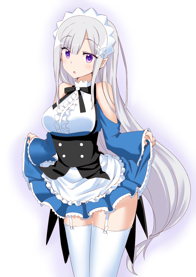 1girl, alternate_costume, apron, black_ribbon, blue_skirt, blush, emilia_(re:zero), enmaided