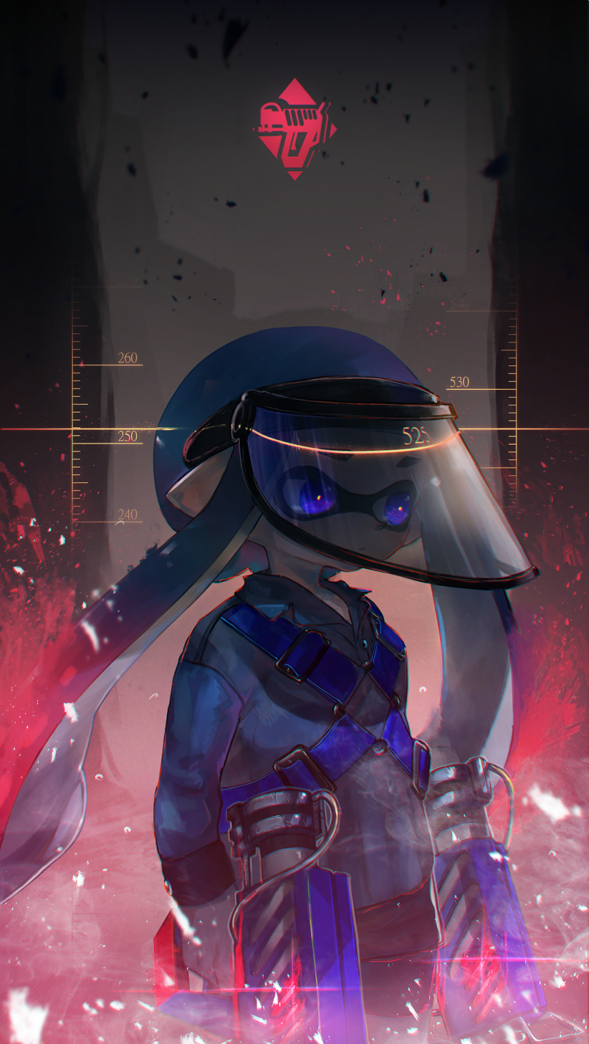 1girl, bike_shorts, black_shorts, blue_eyes, blue_hair, buckle, cable, closed_mouth, collared_shirt, commentary, cowboy_shot, domino_mask, dual_wielding, expressionless, floating_hair, glooga_dualies_(splatoon), grey_shirt, gun, highres, holding, holding_gun, holding_weapon, ink, inkling, kashu_(hizake), long_hair, long_sleeves, looking_away, mask, monster_girl, number, pointy_ears, shade, shirt, shorts, solo, splatoon, splatoon_2, standing, tentacle_hair, visor_cap, weapon