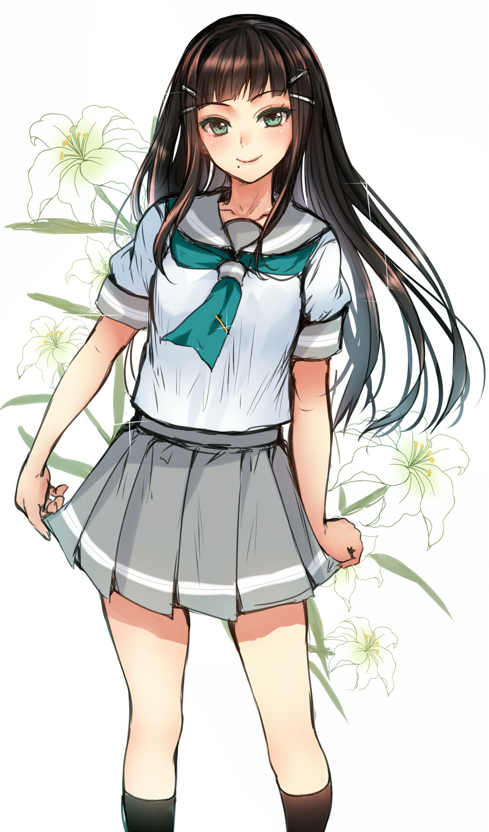 1girl, arms_at_sides, black_hair, black_legwear, blonde_hair, blush, closed_mouth, colored_eyelashes