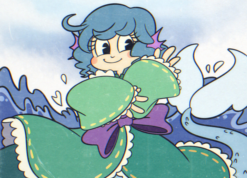 1girl, blue_hair, blush_stickers, cuphead_(game), highres, japanese_clothes, kimono, mermaid