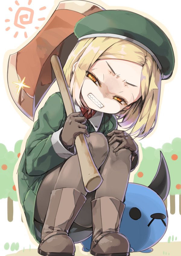 1girl, angry, babe_(fate), bangs, boots, clenched_teeth, collared_shirt, cura, dot_nose, fate/grand_order, fate_(series), full_body, gloves, green_hat, green_jacket, grey_footwear, grey_gloves, grey_legwear, half-closed_eyes, hat, head_tilt, jacket, long_hair, looking_at_viewer, orange_eyes, outdoors, pantyhose, parted_bangs, paul_bunyan_(fate/grand_order), shaded_face, sharp_teeth, shirt, short_hair, solo, squatting, sun, teeth, wing_collar