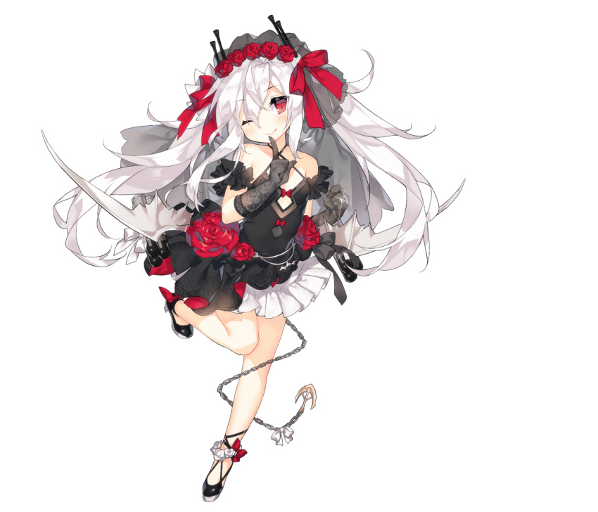 1girl, ;), anchor, azur_lane, bangs, bare_shoulders, bat, bat_wings