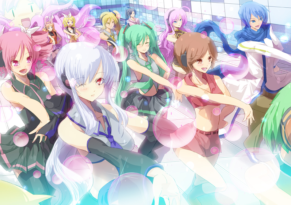 amane_luna, aqua_hair, blonde_hair, brown_hair, dancing, drill_hair, everyone, fl-chan
