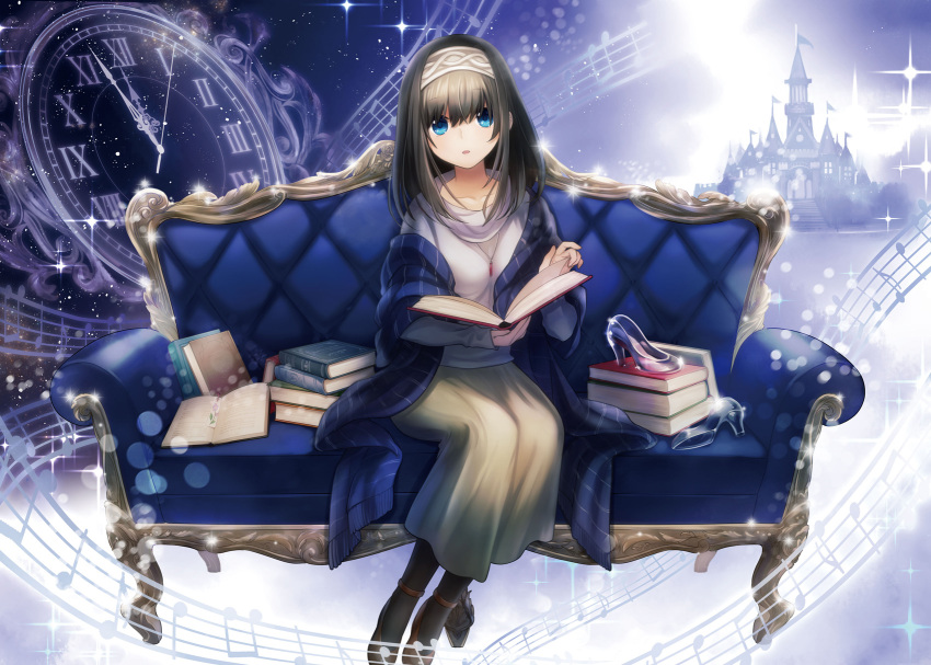 1girl, black_hair, black_legwear, blue_eyes, blush, book, breasts, commentary_request