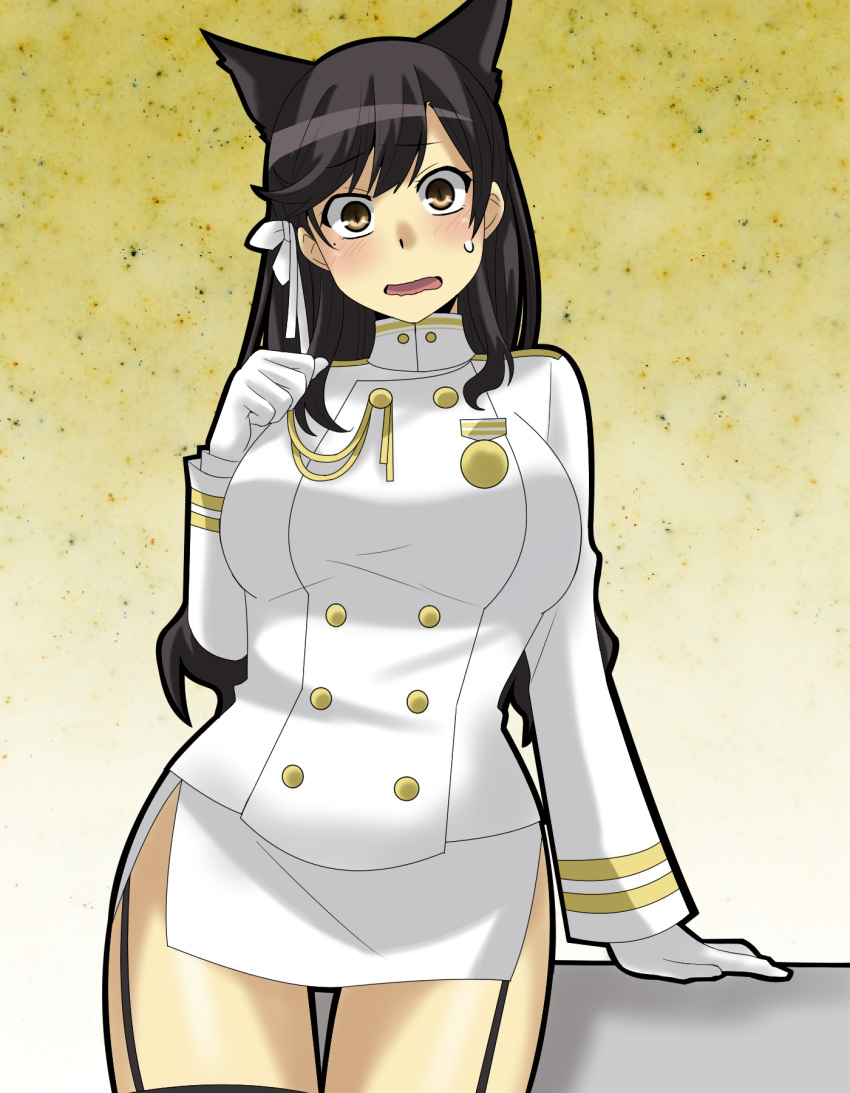 1girl, animal_ears, atago_(azur_lane), azur_lane, black_hair, black_legwear, blush, breasts