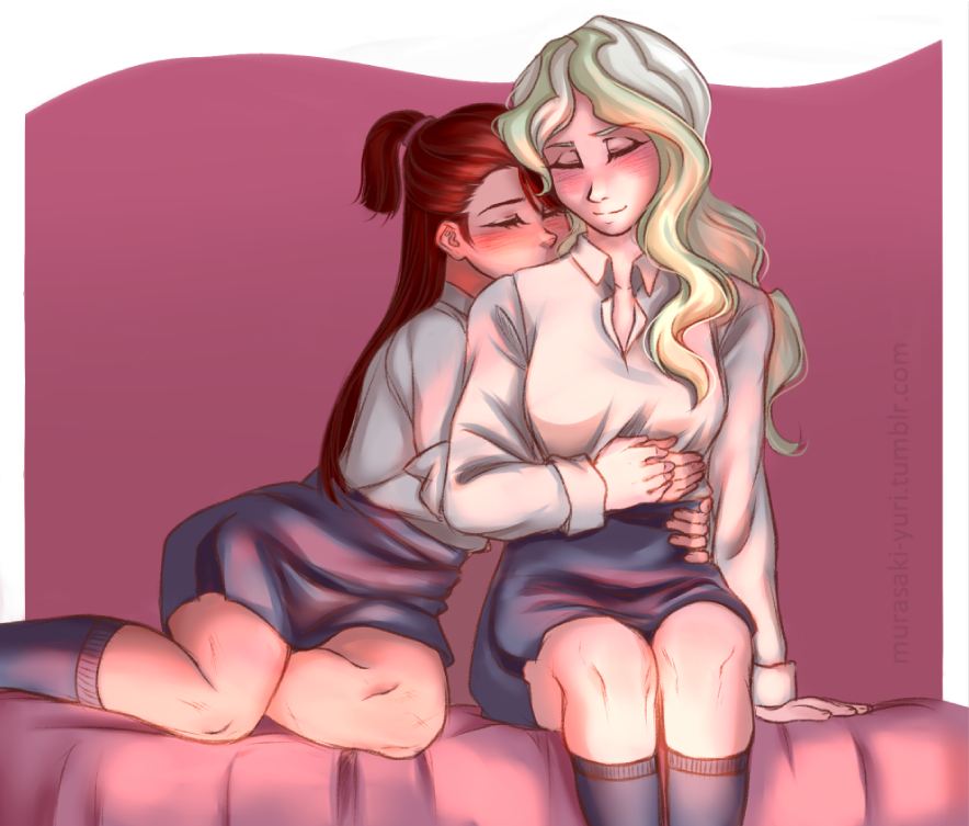 2girls, arm_support, blonde_hair, blush, brown_hair, closed_eyes, diana_cavendish, hand_on_another's_hand