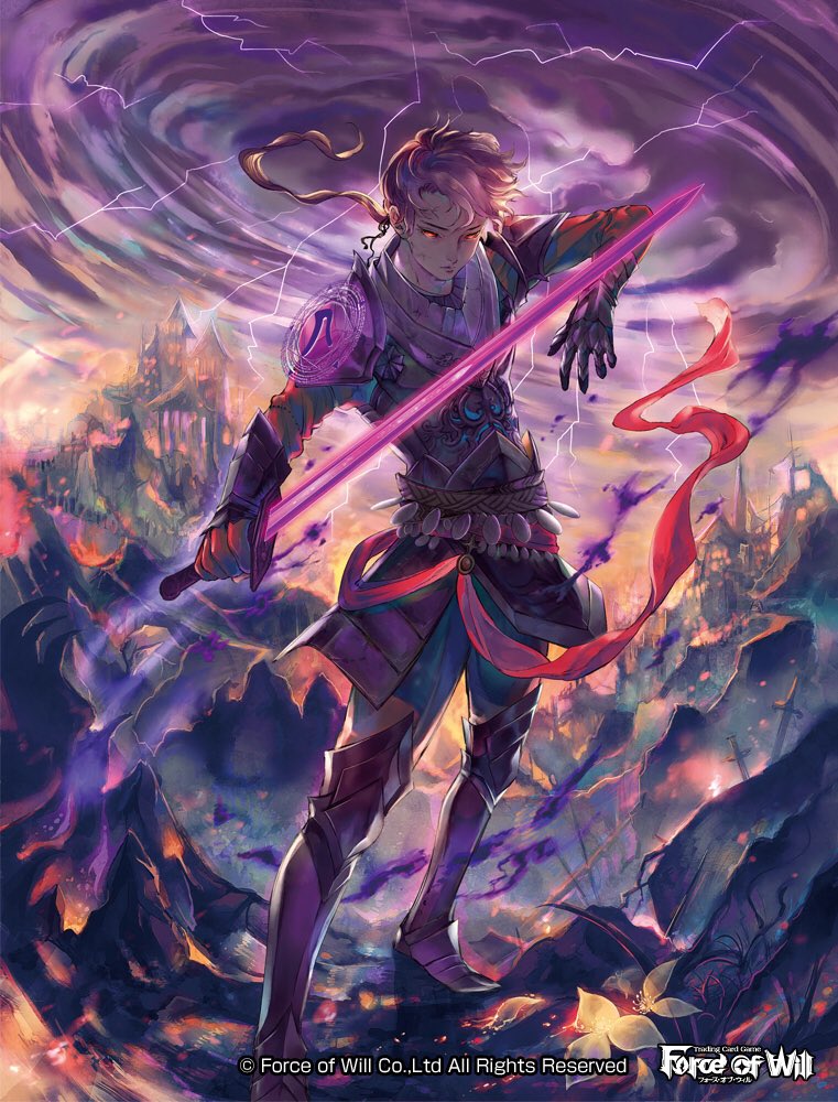 1boy, armor, armored_boots, boots, castle, clouds, cloudy_sky, copyright_name, electricity, flower, force_of_will, gloves, long_hair, low_ponytail, male_focus, official_art, purple_hair, red_eyes, scar, sky, solo, sword, weapon, yayoi_shiro