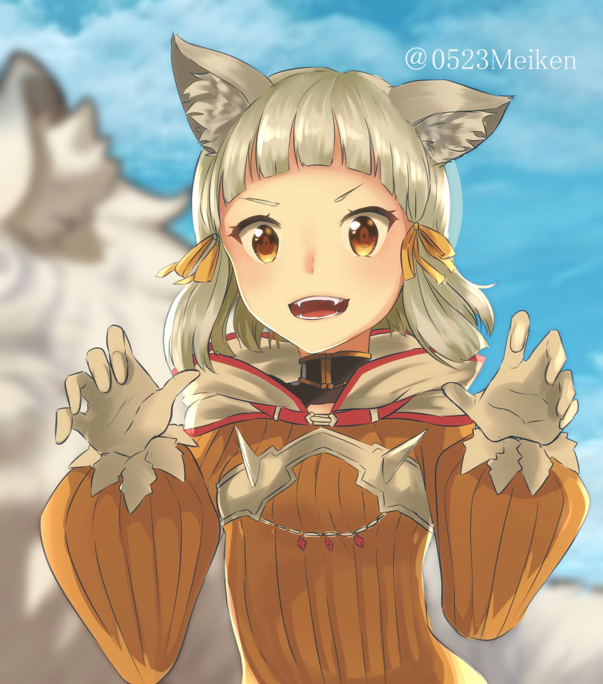 1girl, :d, animal, animal_ears, bangs, blue_sky, blunt_bangs, blurry