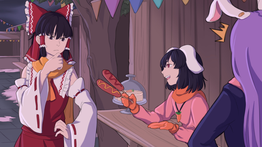 /\/\/\, 3girls, animal_ears, black_hair, bow, carrot, carrot_cake, carrot_necklace, commentary, corndog, detached_sleeves, gloves, hair_bow, hair_tubes, hakurei_reimu, highres, inaba_tewi, long_hair, mefomefo, multiple_girls, purple_hair, rabbit_ears, red_bow, red_eyes, reisen_udongein_inaba, scarf, thinking, touhou, wide_sleeves