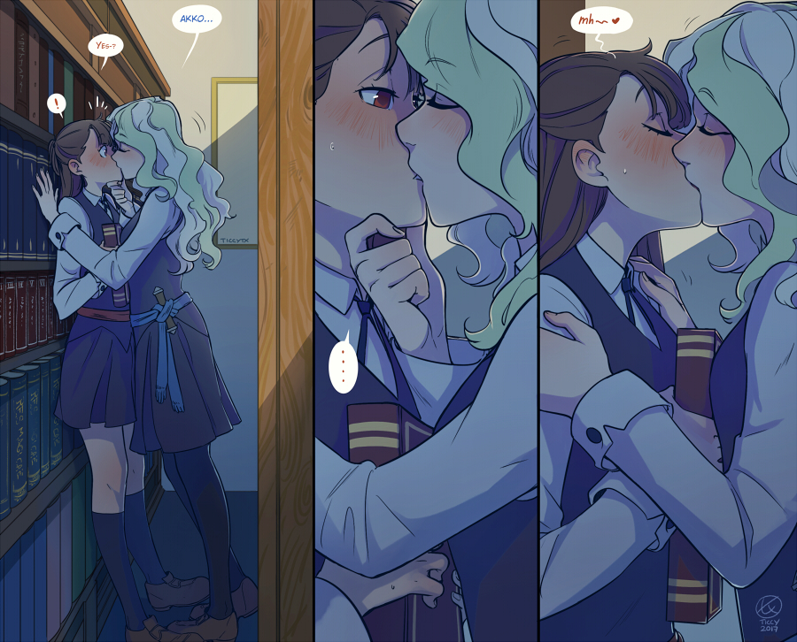 !, ..., 2girls, ?, against_bookshelf, assertive, blush, book, bookshelf, brown_hair, chin_grab, closed_eyes, comic, diana_cavendish, english, eyebrows_visible_through_hair, finger_to_chin, gradient_hair, green_hair, half-closed_eyes, hands_on_another's_shoulders, heart, indoors, kagari_atsuko, kiss, library, little_witch_academia, long_hair, long_sleeves, multicolored_hair, multiple_girls, pantyhose, red_eyes, school_uniform, speech_bubble, surprised, sweatdrop, text, thought_bubble, ticcy, two-tone_hair, wall_slam, white_hair, wide-eyed, yuri