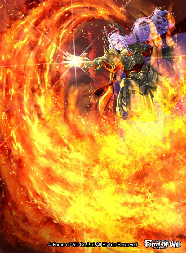 1boy, armor, copyright_name, fire, force_of_will, gloves, long_hair, male_focus
