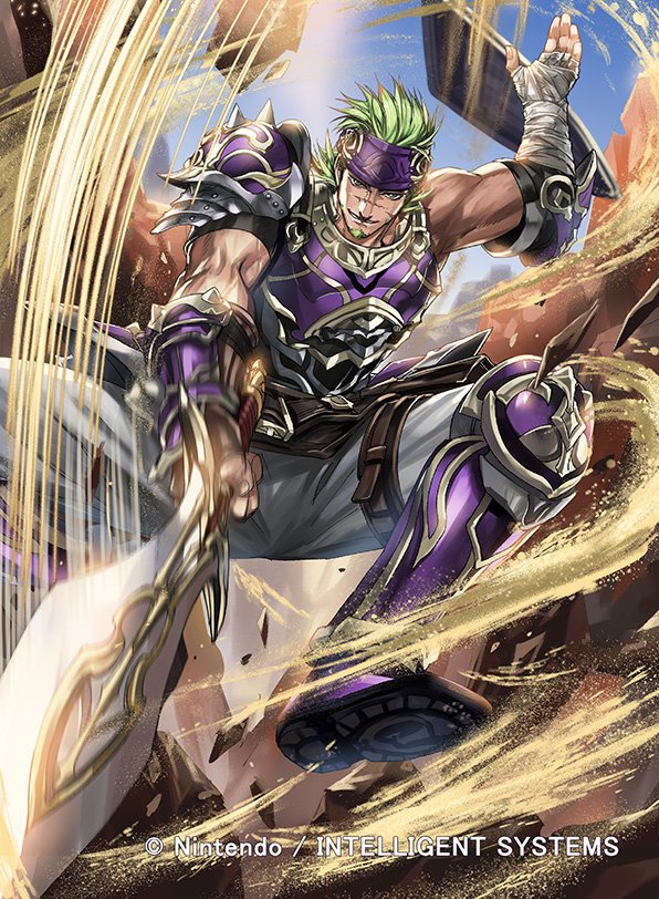 1boy, armor, bandage, beard, boots, company_name, facial_hair, fingerless_gloves, fire_emblem, fire_emblem:_seima_no_kouseki, fire_emblem_cipher, gerik, gloves, green_eyes, green_hair, headband, kuroba.k, male_focus, official_art, sand, scar, shield, solo, sword, teeth, weapon