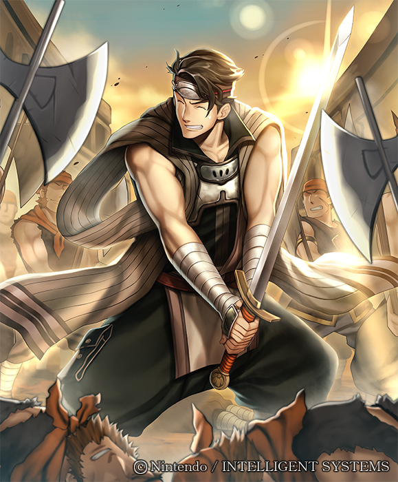 1boy, axe, bandage, bandanna, beard, brown_hair, closed_eyes, company_name, faceless, faceless_male, facial_hair, fire_emblem, fire_emblem_cipher, fire_emblem_echoes:_mou_hitori_no_eiyuuou, headband, kamui_(fire_emblem_gaiden), male_focus, official_art, scar, sky, solo, sword, teeth, weapon