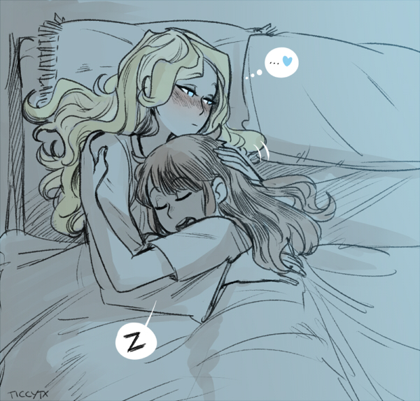 2girls, artist_name, blonde_hair, blush, diana_cavendish, heart, kagari_atsuko, little_witch_academia