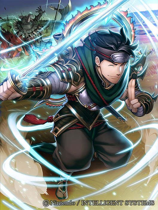 1boy, armor, axe, brown_hair, cape, closed_eyes, company_name, faceless