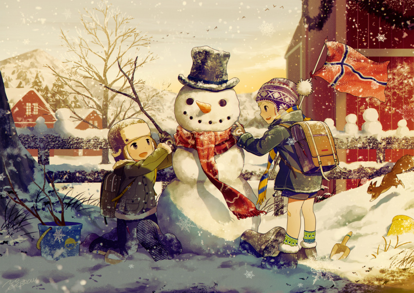 2boys, backpack, bag, bandaid, bandaid_on_knee, bare_tree, beanie, bird