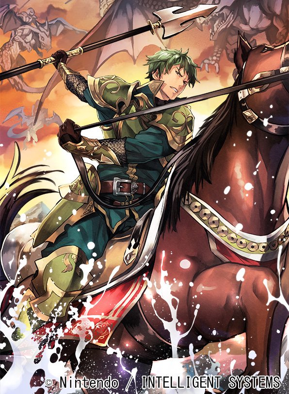 1boy, armor, armored_boots, boots, company_name, dragon, faceless, faceless_male, fangs, fire_emblem, fire_emblem:_seima_no_kouseki, fire_emblem_cipher, gloves, green_eyes, green_hair, horse, kyle_(fire_emblem), male_focus, nagahama_megumi, official_art, open_mouth, polearm, sky, solo, spear, teeth, water, weapon, wings