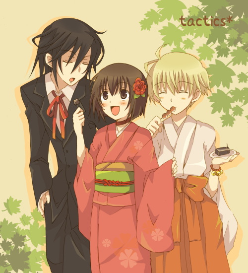 1girl, 2boys, ahoge, black_hair, blonde_hair, blush, bob_cut, brown_eyes