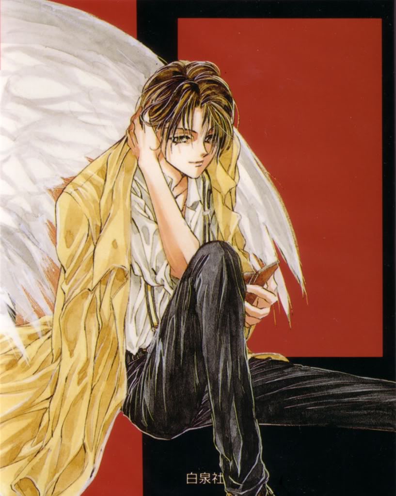 angel_sanctuary, bent_knees, brown_hair, kira_sakuya, short_hair, sitting, suspenders, wings