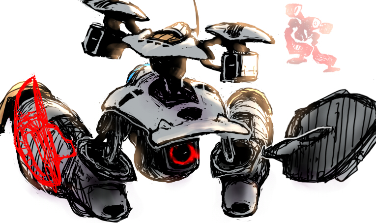 aiming, battle, choujikuu_seiki_orguss, energy_cannon, floating, flying, ground_vehicle, ishkick, mecha, military, military_vehicle, missile_pod, motor_vehicle, orguss, orguss_(mecha), redesign, science_fiction, simple_background, sketch, tank, walker, yosada, zero_gravity