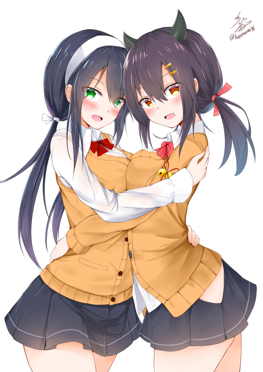 2girls, :d, absurdres, animal_ears, black_hair, black_skirt, blush, breast_press