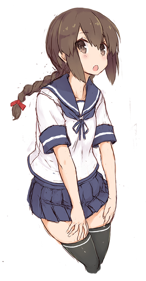 1girl, black_legwear, blue_sailor_collar, blue_skirt, braid, brown_eyes, brown_hair, goekawa