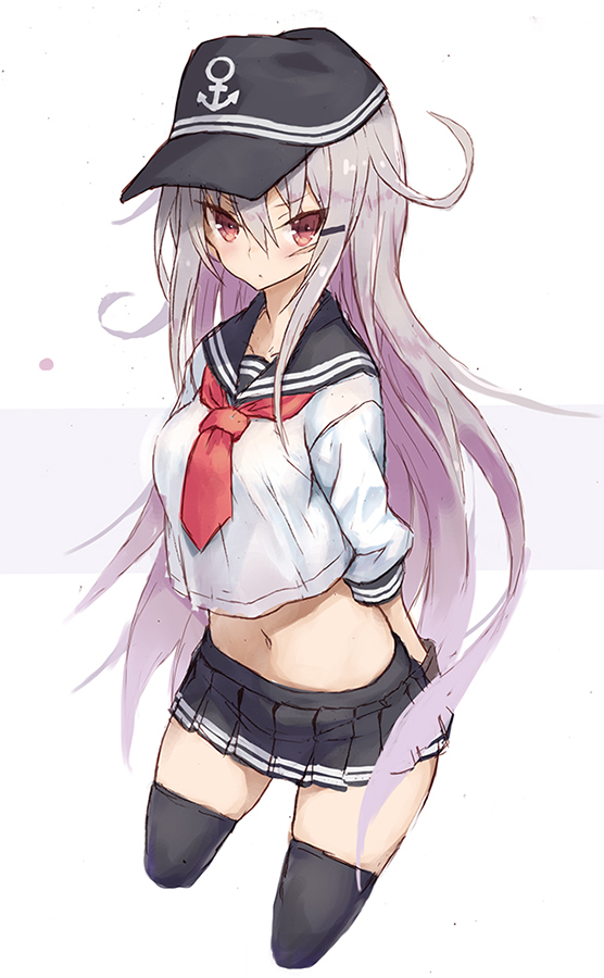 1girl, :<, arms_behind_back, artist_name, black_gloves, black_legwear, blush, breasts, brown_eyes, closed_mouth, commentary_request, cosplay, cowboy_shot, crop_top, crop_top_overhang, cropped_legs, gangut_(kantai_collection), gloves, goekawa, grey_hair, hair_between_eyes, hair_ornament, hairclip, hibiki_(kantai_collection), hibiki_(kantai_collection)_(cosplay), kantai_collection, long_hair, looking_at_viewer, medium_breasts, midriff, miniskirt, navel, pleated_skirt, scar, school_uniform, serafuku, sidelocks, simple_background, skirt, solo, thigh-highs, tsurime, undersized_clothes, v-shaped_eyebrows, very_long_hair, zettai_ryouiki