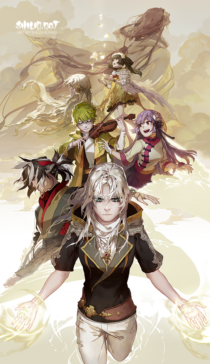 2boys, 5girls, blackbird_(carciphona), carciphona, character_request, english, highres, multiple_boys