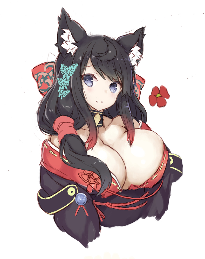 1girl, animal_ears, azur_lane, bangs, bare_shoulders, black_hair, black_kimono, blush
