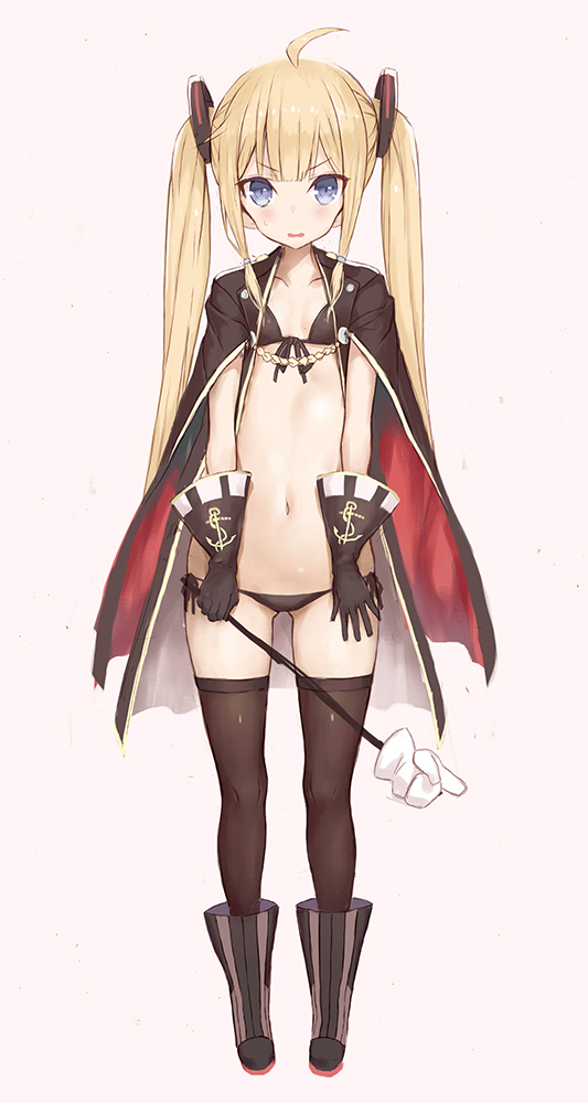 1girl, ahoge, amazon_(azur_lane), anchor_symbol, azur_lane, bangs, bikini, black_bikini, black_cape, black_gloves, black_legwear, blonde_hair, blue_eyes, boots, cape, eyebrows_visible_through_hair, flat_chest, front-tie_bikini, front-tie_top, full_body, gloves, gluteal_fold, goekawa, holding, long_hair, looking_at_viewer, lowleg, lowleg_bikini, magic_hand, open_mouth, pink_background, side-tie_bikini, sidelocks, simple_background, solo, standing, sweatdrop, swimsuit, thigh-highs, tsurime, twintails, wavy_mouth