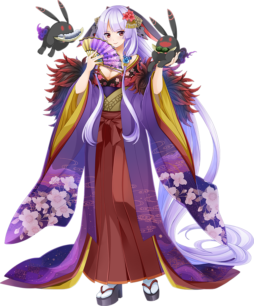 1girl, :d, breasts, cleavage, familiar, fan, flower, food, full_body, hair_flower, hair_ornament, holding, holding_fan, japanese_clothes, kanna_(chaos966), kimono, large_breasts, looking_at_viewer, official_art, open_mouth, oshiro_project, oshiro_project_re, rabbit, shinguu_(oshiro_project), silver_hair, smile, solo, sushi, transparent_background