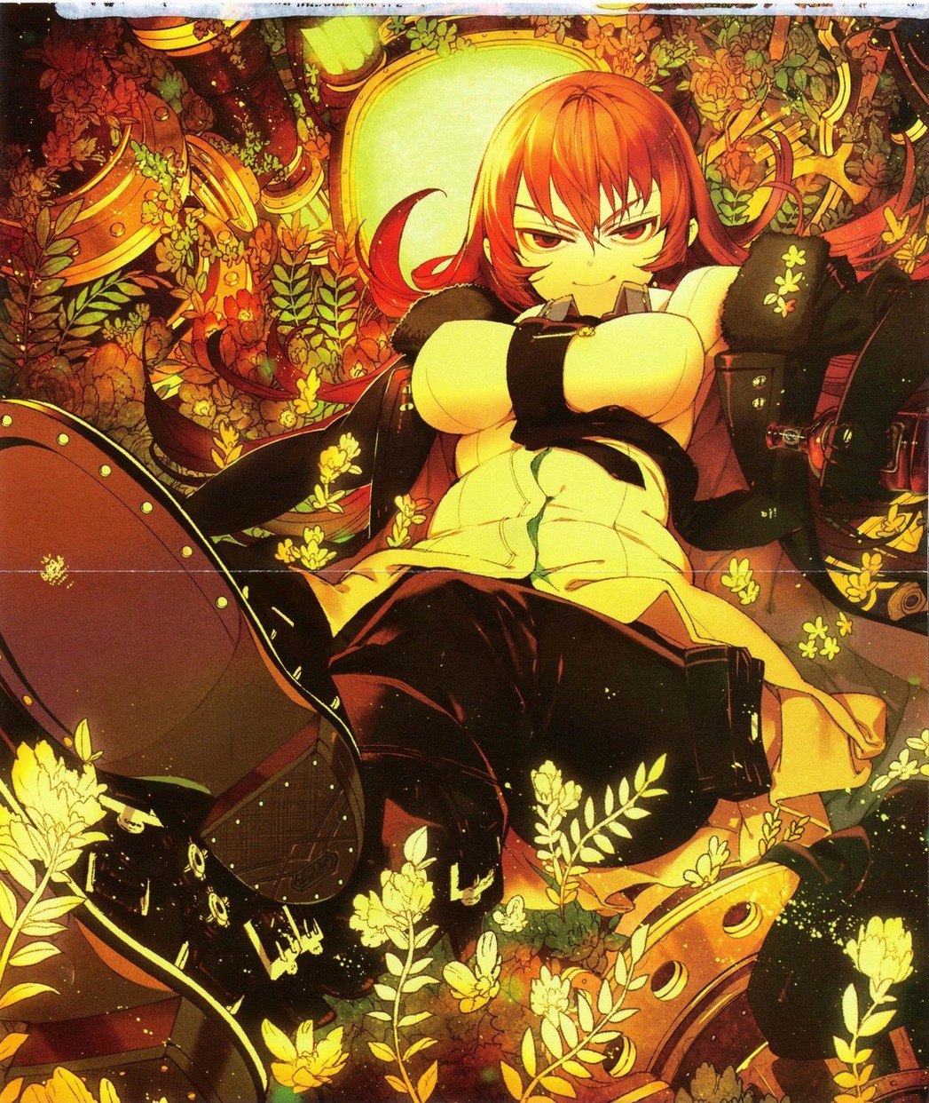 bangs, between_breasts, boots, bottle, breasts, coat, eyebrows, flower