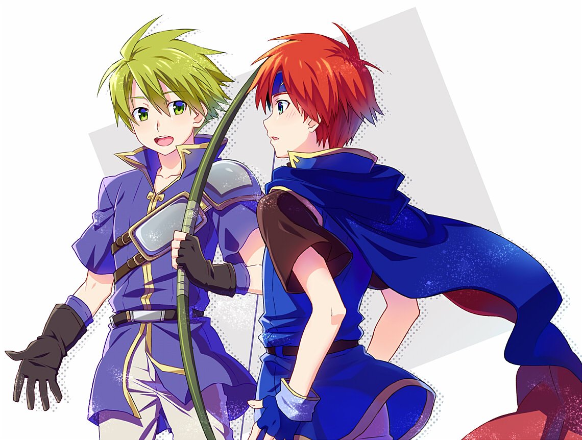 2boys, armor, blue_eyes, boots, bow_(weapon), breastplate, fingerless_gloves, fire_emblem