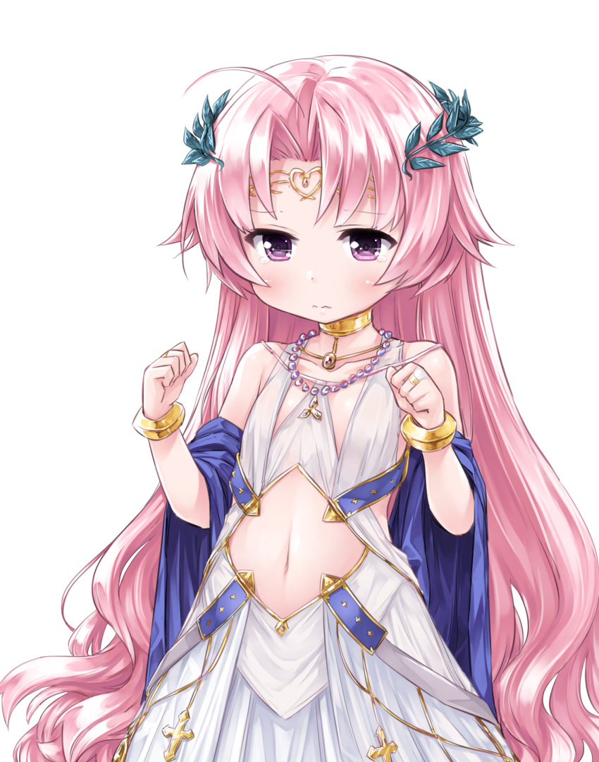 1girl, ahoge, blush, bracelet, clenched_hands, collarbone, commentary_request, cross