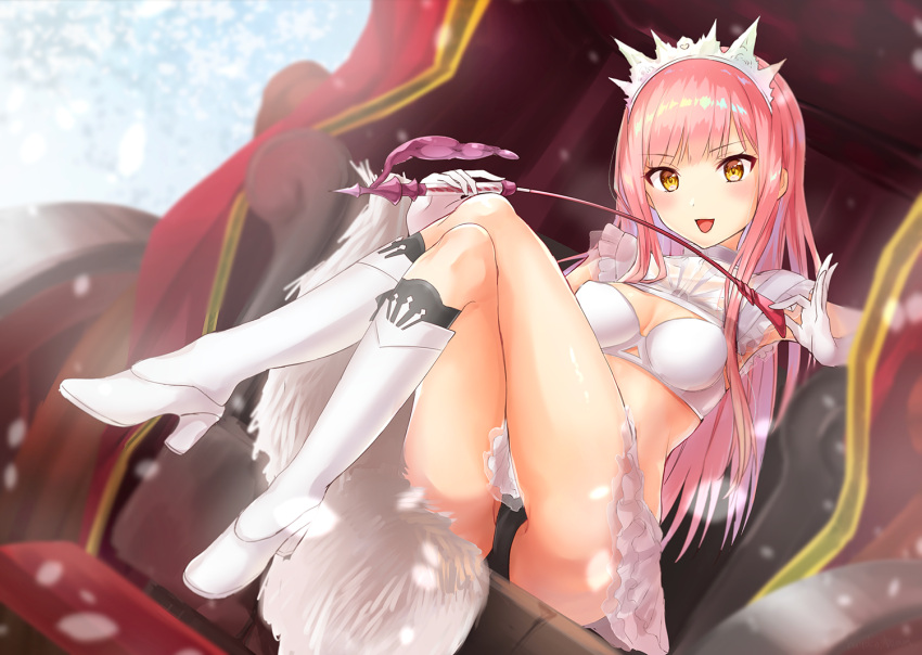 1girl, bangs, black_panties, blunt_bangs, bra, breasts, cleavage, crown, elbow_gloves, fate/grand_order, fate_(series), gloves, hiyoko_biimu, long_hair, looking_at_viewer, medb_(fate/grand_order), medium_breasts, open_mouth, panties, pink_hair, riding_crop, sidelocks, smile, solo, tiara, underwear, white_gloves, yellow_eyes