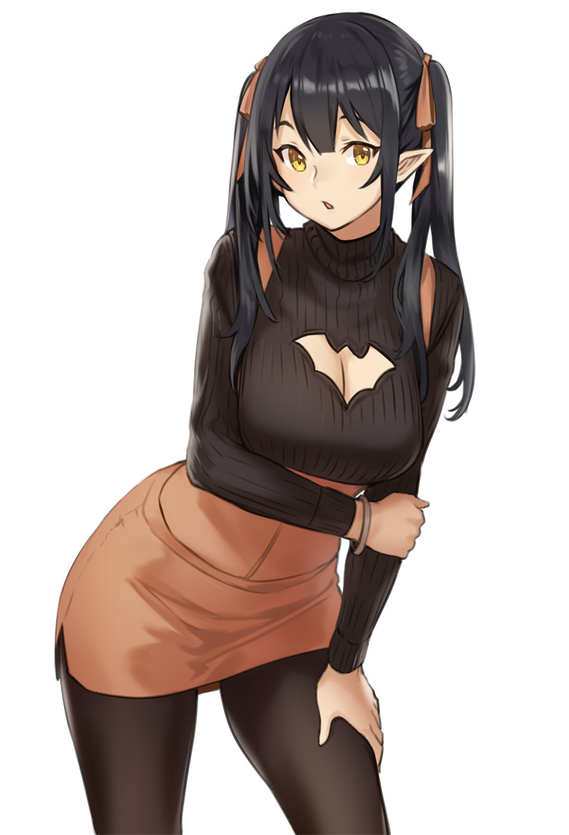 1girl, animal_cutout, bat_cutout, black_hair, black_legwear, bracelet, breasts, cleavage, cleavage_cutout, cowboy_shot, elf, elf_(houtengeki), hair_ribbon, high-waist_skirt, highres, houtengeki, jewelry, large_breasts, long_hair, long_sleeves, looking_at_viewer, orange_skirt, original, pantyhose, parted_lips, pointy_ears, ribbed_sweater, ribbon, skirt, solo, sweater, twintails, yellow_eyes