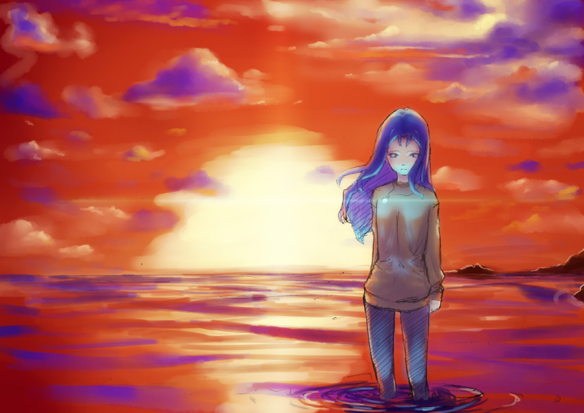 blue_eyes, blue_hair, ima_soko_ni_iru_boku, lala-ru, long_hair, ocean, pantyhose, sunset