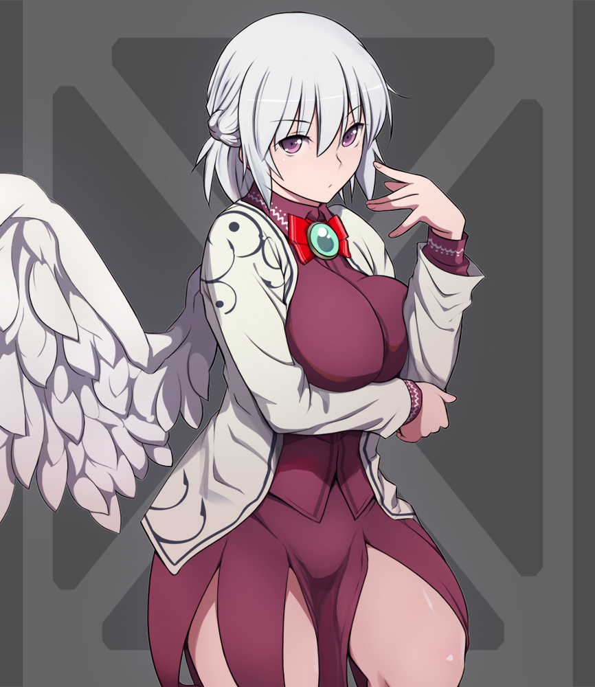 1girl, bangs, bow, bowtie, braid, breast_hold, breasts, brooch