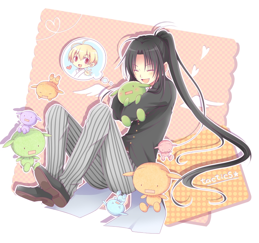 1boy, absurdly_long_hair, alternate_costume, bangs, black_hair, blonde_hair, chibi, closed_eyes