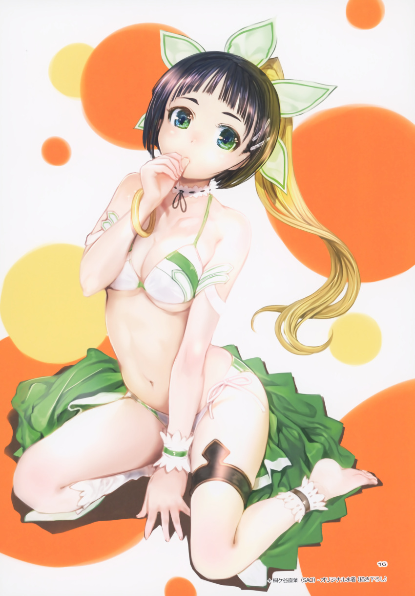 1girl, absurdres, ankle_cuffs, bare_shoulders, barefoot, bikini, black_hair, blonde_hair